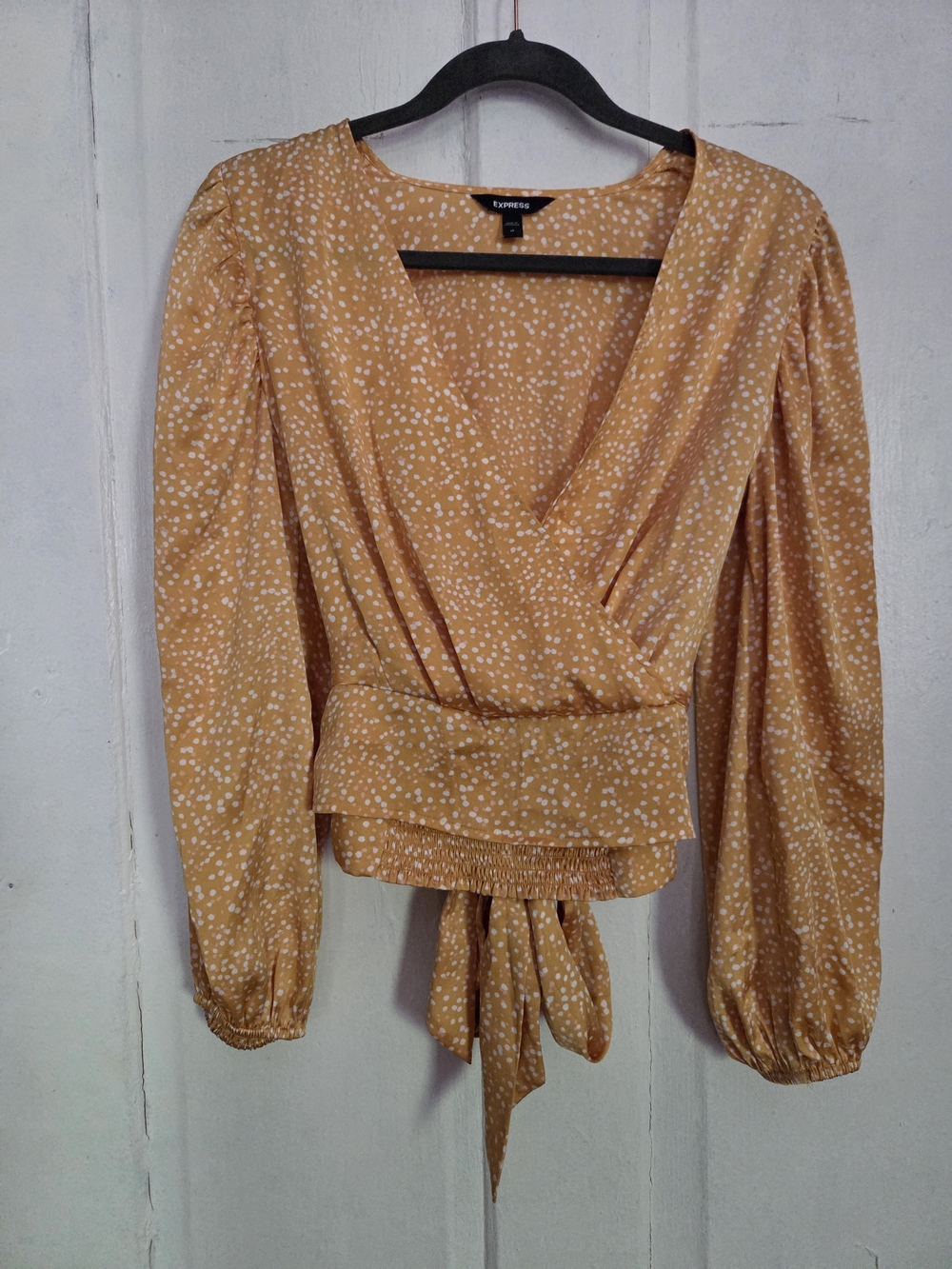 Express Yellow Mustard Dot Wrap Blouse with Tie Waist